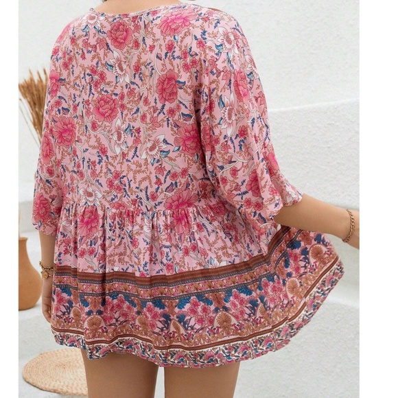 Plus Colorful Floral Print Neck Tie 3/4 Sleeve Blouse - Picture 7 of 11